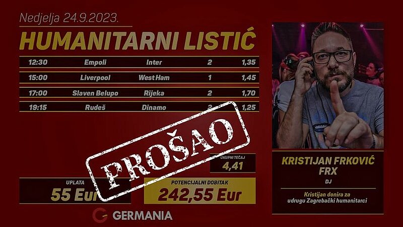 Prošao humanitarni listić: Kristijan Frković pogodio četiri nogometna para i zaradio 242,55 eura za udrugu Zagrebački humanitarci Prošao humanitarni listić: Kristijan Frković pogodio četiri nogometna para i zaradio 242,55 eura za udrugu Zagrebački humanitarci